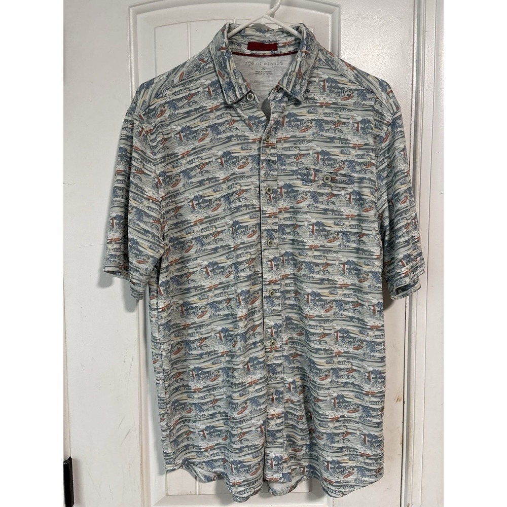 Age Of Wisdom Mens Button Shirt Sz L Sage/Modal Blend/Surfer Print-Waves